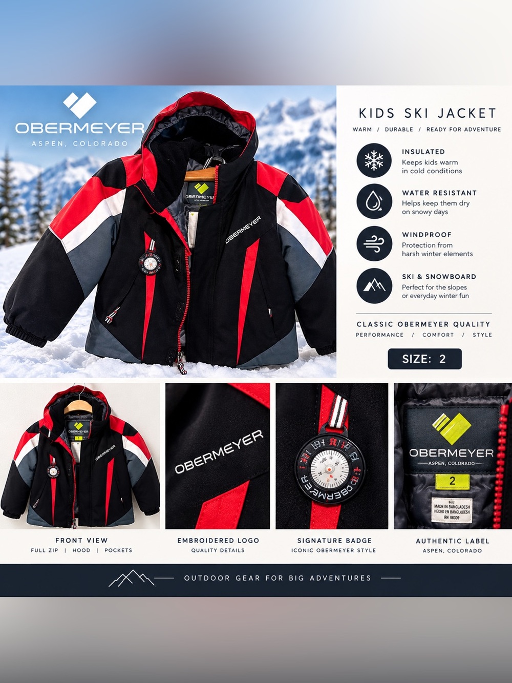 Obermeyer Black, Red & Gray Kids Puffer Jacket
